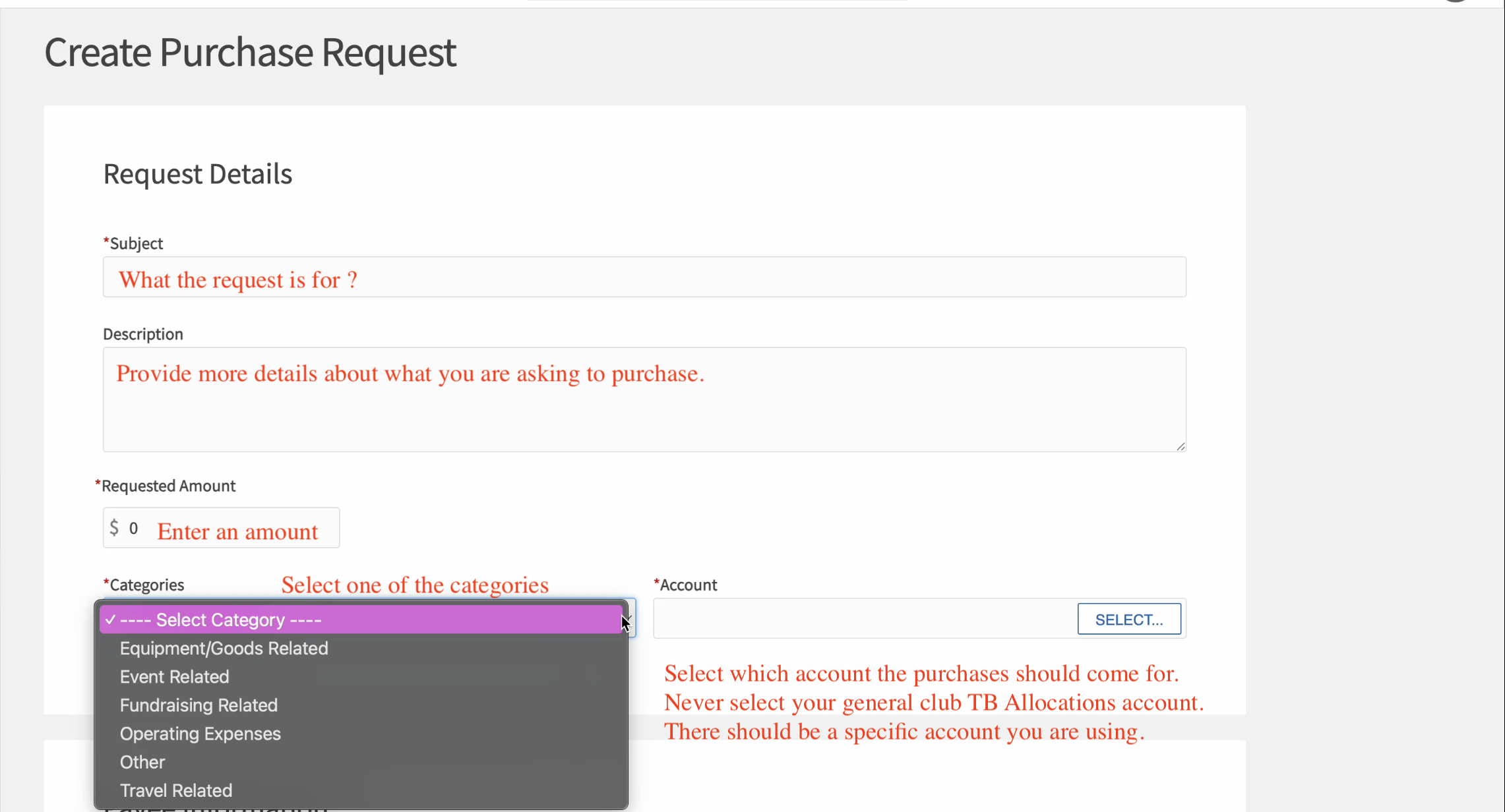 Complete a Purchase Request in The Nest instructions